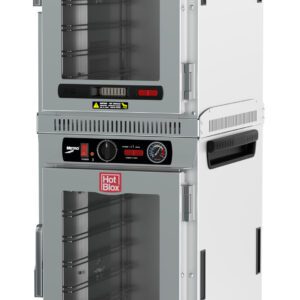 The Metro HBCN16-AC-M HotBlox is a dual-cavity, mobile holding cabinet featuring two narrow 16-pan stainless steel units, each with a clear door and analog controls. Its NEMA 5-15P compatible for kitchens operating at 60Hz.