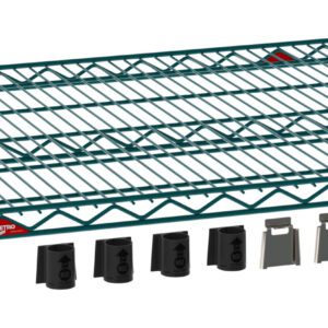 The Metro EZA-1836NK3 Super Erecta EZ-ADD Wire Shelf in Metroseal Green measures 18 x 36 and includes a grid pattern for easy vehicle attachment, six cylindrical mounts, and six metal clips displayed below.