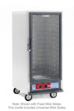 The Metro C517-HXFC-UA C5 1 Series Holding Cabinet features a 3/4 height stainless steel design with glass door, universal wire slides, and wheels for mobility. It operates on 220-240V power with front-panel temperature controls and numerous shelves.
