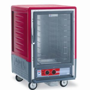 The Metro C535-HFC-4A C5 3 Series Insulated Holding Cabinet has a half-height, full-length clear door, fixed wire slides, and is mobile with wheels. Its red, gray, runs on 120V at 2000W/60Hz, and features a control panel with knobs and a digital display for precision.