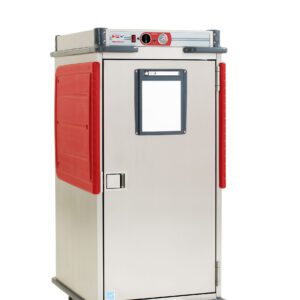 The Metro C5T8X-ASL C5 T-Series Heated Transport Cabinet is a stainless steel food cart with red plastic accents, featuring 50/60Hz compatibility, a small window and latch on the door, and sits on four wheels. The top has a control panel with knobs and dials for easy operation.