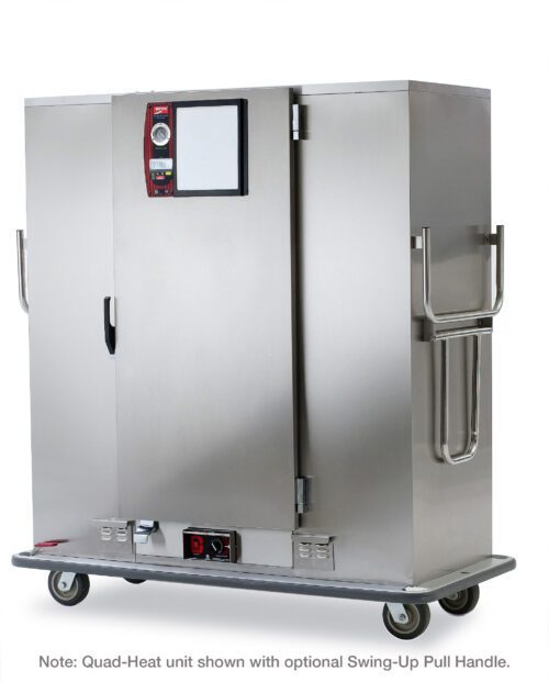 The Metro MBQ-180 One-Door Banquet Cabinet, a stainless steel commercial warming unit with a digital control panel and sturdy handles, uses a Standard Electric Thermal System (120V, 60Hz, 1650W) and is mounted on wheels for mobility. The image highlights the optional swing-up pull handle.