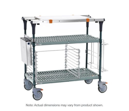 qt2708ga4tjd1x7tor9swofs09bzsg6v.jpg The Metro MS1848-PRPR-PK2 PrepMate MultiStation 48 Prep Station, with Super Erecta Pro top and bottom shelves, features Metroseal Green Epoxy posts, three tiers, a white top shelf, four gray wheels, rack attachments, and a side metal box.