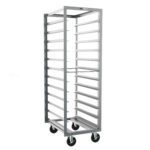 The Metro RD23N End-Load Pan Rack is a metallic, open-frame structure with 5 slide spacing and multiple trays, measuring 21.5 x 29 x 69.75. It is designed for easy mobility with four sturdy casters at the bottom.