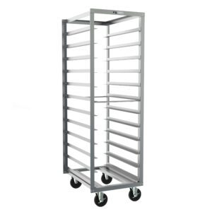 The Metro RD23N End-Load Pan Rack is a metallic, open-frame structure with 5 slide spacing and multiple trays, measuring 21.5 x 29 x 69.75. It is designed for easy mobility with four sturdy casters at the bottom.