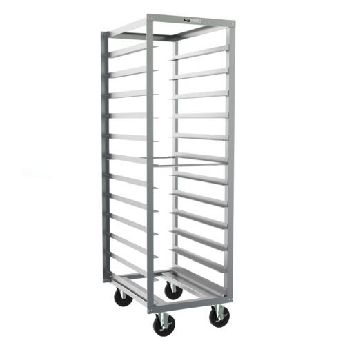 The Metro RD23N End-Load Pan Rack is a metallic, open-frame structure with 5 slide spacing and multiple trays, measuring 21.5 x 29 x 69.75. It is designed for easy mobility with four sturdy casters at the bottom.