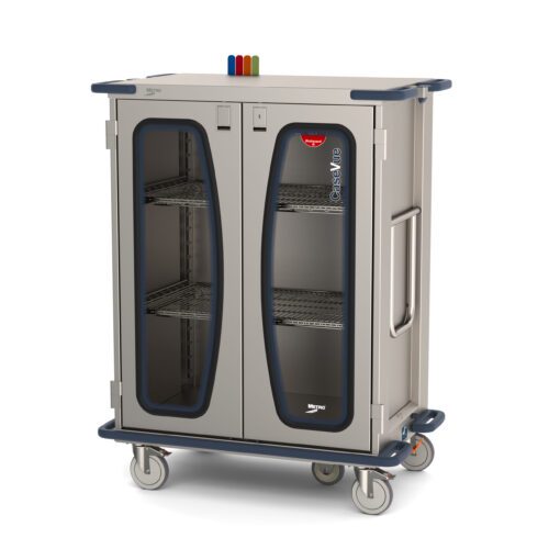 The Metro CaseVue CV36HC-5BFH-W2 Surgical Case Cart, with clear doors and pullout wire shelves, measures 45.5W x 28D x 58.25H. It features 5th wheel steering for easy mobility and includes color flags, a swing-up handle, in a sleek gray design accented in blue.