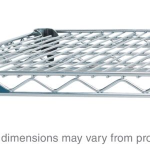 The Metro Super Adjustable Super Erecta A2154NC Industrial Wire Shelf in chrome measures 21 x 54, featuring a triangular support design and an attached corner hook. Note that dimensions may vary slightly.