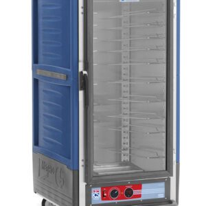 The Metro C537-HFC-U-BU C5 3 Series Insulated Holding Cabinet is a blue, wheeled unit with a 3/4 height, full-length clear door. It features universal wire slides and a bottom control panel for efficient use.