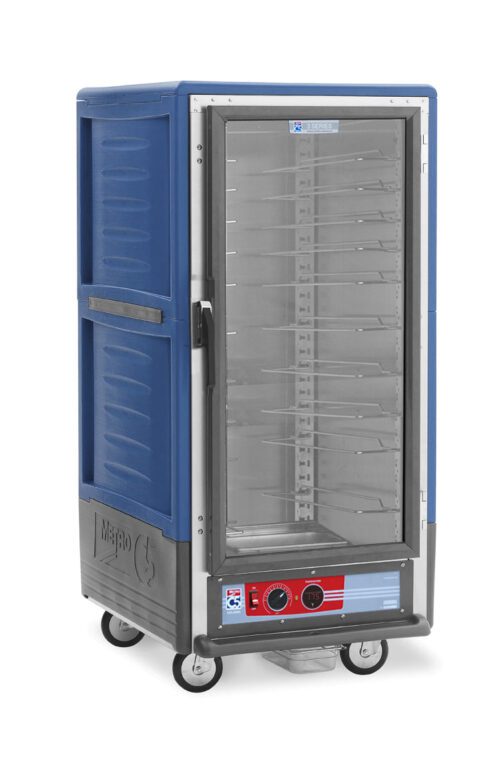 The Metro C537-HFC-U-BU C5 3 Series Insulated Holding Cabinet is a blue, wheeled unit with a 3/4 height, full-length clear door. It features universal wire slides and a bottom control panel for efficient use.