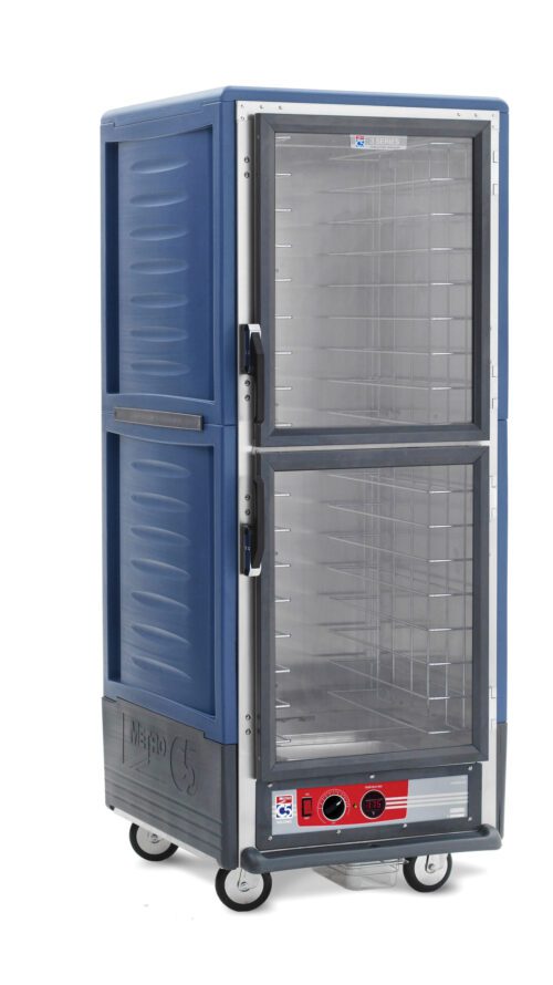 r3vg57hghh8f1sfdv1d0u6m73xitnka6.jpg The Metro C539-HXDC-4-BUA C5 3 Series Insulated Holding Cabinet in blue, features a full-height design with Dutch clear doors, fixed wire slides, and control knobs with a temperature display. It is compatible with 220-240V power.