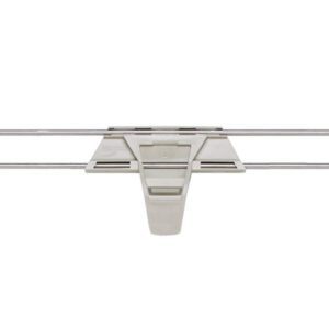 The Metro MXL48-2S Stackable Shelf Ledge, designed for MetroMax i industrial plastic shelving, measures 48 L x 2 H. It features three adjustable slots and grips to organize cleaning tools, with metallic and white plastic components, ensuring easy installation and efficient storage.