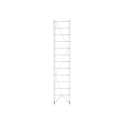 The Metro 1262C Erecta Shelf Wire Shelving Uprights is a tall, silver metal rack with ten horizontal bars and side diagonal supports, measuring 12W x 63.5H, offering a minimalist industrial aesthetic on a white backdrop.