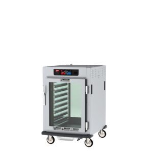 The Metro C595X-SFC-LPFCA C5 9 Series heated holding and proofing cabinet features a full-length clear door with adjustable Lip Load Aluminum Slides. It has a digital control panel for precise temperature settings, operates on 220-240V, and is equipped with wheels for mobility.