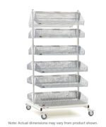 The Metro QB248-M12A qwikSIGHT Double-Sided 12-Basket Shelving Add-On Unit, 48 L, features six angled mesh baskets for storage or display and is mounted on four wheels. Basket size offers versatile use. Note: Dimensions may vary from product shown.