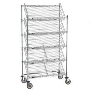 The Metro DC36EC Super Erecta Slanted Shelf Rack has five 18 x 36 angled shelves, a sleek silver metal frame, and swivel casters for easy mobility and access.