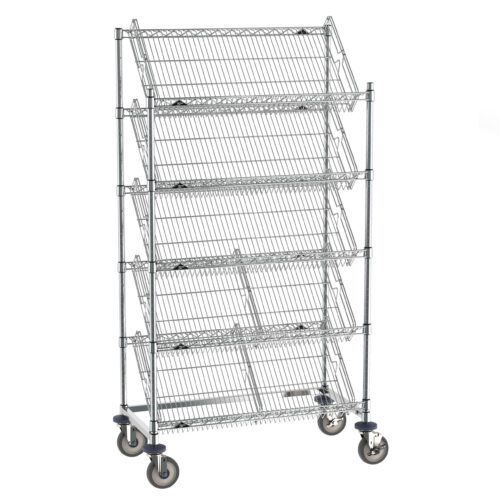 The Metro DC36EC Super Erecta Slanted Shelf Rack has five 18 x 36 angled shelves, a sleek silver metal frame, and swivel casters for easy mobility and access.
