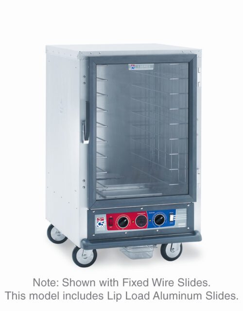 rbhce0iffutj0il94ez03e0ufo94sewi.jpg The Metro C515-CXFC-L C5 1 Series is a stainless steel, half-height holding/proofing cabinet with aluminum slides, equipped with a clear front door and bottom red-blue control panel featuring two dials. It is mounted on wheels and operates at 220-240V, 1681-2000W, and 50/60Hz.