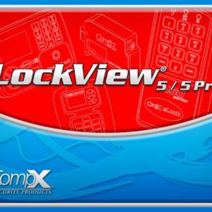 The image displays an ad for the Metro FLX423 Flexline LockView 5Pro Cart Management System Software, highlighting outlines of electronic locking devices on a red background. The CompX Security Products logo elegantly sits on a blue wave pattern beneath.