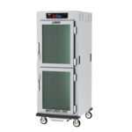 The Metro C599L-SDC-UPDS is a stainless steel commercial warming cabinet on wheels with Dutch clear/solid doors, electronic controls, and 120V compatibility. It features Universal Wire Slides for interior shelving and a digital panel for temperature readings, operating at 60Hz.