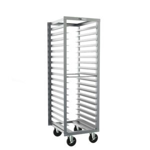 The Metro RD15N End-Load Pan Rack is a durable industrial metal shelving unit with 3 slide spacing, dimensions of 20 x 23 x 63.75, and four swivel caster wheels for easy mobility.