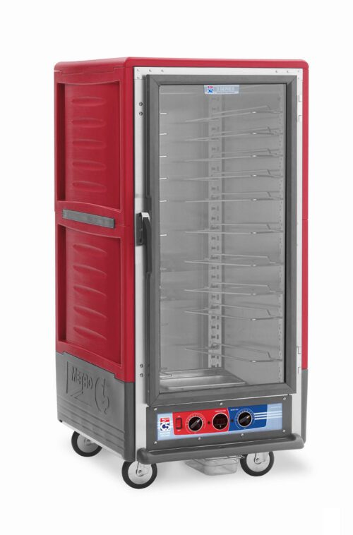The Metro C537-MXFC-U C5 3 Series is a 3/4 height insulated food transport cabinet in red with gray accents, featuring universal wire slides, a clear front door with metal racks, bottom control panel with dual dials, and operates on 220-240V. The brand logo is prominently displayed on the side.