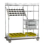 The Metro CPCD3/2LC Super Erecta Wire Catheter Procedure Cart combines a deluxe style, open-frame design (24 x 60 x 68), multiple shelves, wheels, gray and yellow bins, side hooks for hanging items, and a grid of black clips at the top.