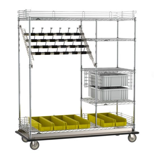 The Metro CPCD3/2LC Super Erecta Wire Catheter Procedure Cart combines a deluxe style, open-frame design (24 x 60 x 68), multiple shelves, wheels, gray and yellow bins, side hooks for hanging items, and a grid of black clips at the top.