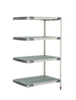 The MetroMax i AX536GX3 4-Shelf Plastic Industrial Shelving Add-On Unit, measuring 24 x 36 x 63, features four adjustable gray shelves with a grid pattern and a sleek silver frame with black accents.