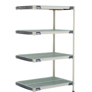 The MetroMax i AX536GX3 4-Shelf Plastic Industrial Shelving Add-On Unit, measuring 24 x 36 x 63, features four adjustable gray shelves with a grid pattern and a sleek silver frame with black accents.