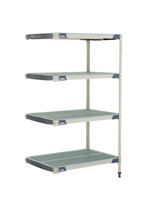 The MetroMax i AX536GX3 4-Shelf Plastic Industrial Shelving Add-On Unit, measuring 24 x 36 x 63, features four adjustable gray shelves with a grid pattern and a sleek silver frame with black accents.