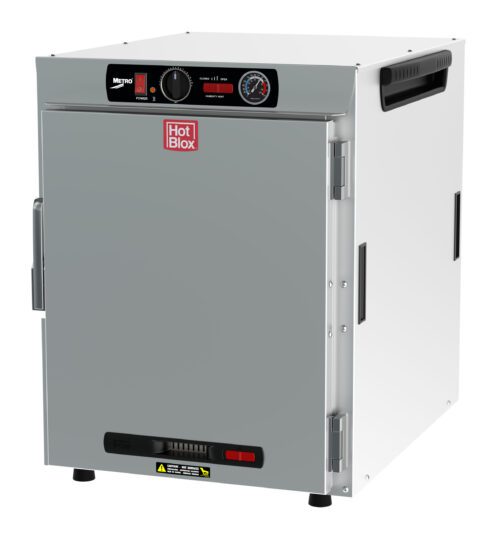 rhspztjz6hdryhog478i4trd7aerhgsq.jpg The image shows a Metro HBCW8-AS-CT HotBlox, a silver-colored 120V, 875W warming cabinet with NEMA 5-15P plug. It has black side handles, an analog controller with knobs, a temperature gauge, and a front door with handle. Its ideal for keeping food warm.