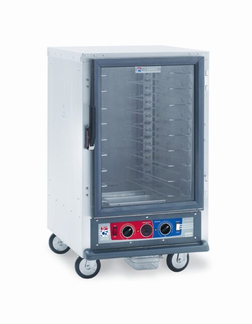 rjd7v8h4zpg88th1w4xox50nxumo08xy.jpg The Metro C515-CXFC-U C5 1 Series Cabinet is a half-height stainless steel food warmer with a transparent door showing multiple shelves. It features control knobs and indicators on the front panel, operates at 220-240V, and is equipped with four wheels for easy mobility.