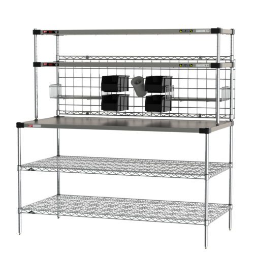 The Metro CRHSP-3060 Prep Workstation with Overhead Super Erecta Hot Heated Shelves is a 30 x 60 metal unit featuring three shelves, a work surface, and a back grid with small black bins—perfect for efficiently organizing smaller accessories. Safety labels are on the top shelf; bottom shelves offer ample storage.