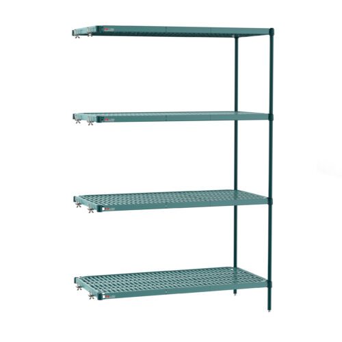 The Metro PR-182474K3-A-4 Super Erecta Pro unit is a 74 tall industrial shelving add-on with a green frame and four adjustable 18 x 24 wire shelves. It’s ideal for restaurants, featuring minimalist design and removable plastic mats supported by sturdy vertical bars.