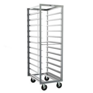 The Metro RD23NA120 End-Load Pan Rack features a pan stop, multiple shelves with 5 slide spacing, and an open frame measuring 21.5 x 29 x 69.75. Its designed for industrial kitchens and includes four swivel casters for mobility.