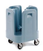 The Metro PCD8 Poker Chip Dish Dolly is a gray rack with four vertical compartments for 8 plates, featuring wheels for easy mobility. Metro is embossed on the side, highlighting its sturdy, utilitarian design perfect for commercial kitchens.