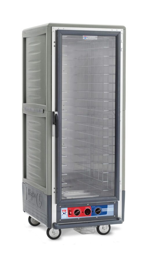 rpz1ndc5jff93zfdwit05izo7c70kxoy.jpg The tall gray Metro C539-MFC-4-GYA C5 3 Series cabinet features a full-height clear door, fixed wire slides, rolls on wheels, and houses a bottom control panel with red and blue dials.