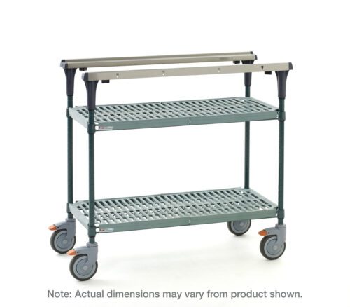 A gray, two-tier utility cart with 30 Super Erecta Pro shelves and Metroseal Green Epoxy posts, featuring gray swivel wheels and a metal handle. Includes a note: Actual dimensions may vary from product shown. Product Name: Metro MS1830-PRPR PrepMate MultiStation.