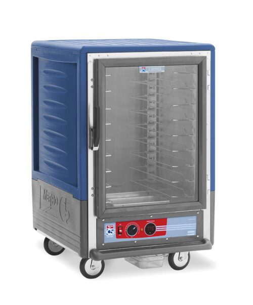 rqz4tblubyie8i03twypndo8ugi59bhx.jpg The Metro C535-HLFC-U-BUA C5 3 Series is a wheeled, half-height insulated holding cabinet featuring a full-length clear door and blue top. It includes universal wire slides, a control panel with dials and lights at the bottom, ideal for maintaining optimal food temperatures at 120V.