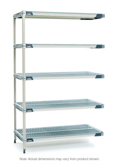Introducing the MetroMax i 5AX327GX3 5-Shelf Plastic Industrial Shelving Add-On Unit, perfect for versatile organization. This unit has a grey frame with adjustable blue shelves and ventilated surfaces. Note: actual dimensions may vary: 18 x 30 x 74.
