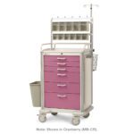The Metro MBP3210ANES1 Basix Plus Anesthesia Cart is a sleek light purple cart with multiple drawers, an attached waste bin, an IV pole, top compartments for supply organization, and smooth-rolling wheels for efficient mobility.
