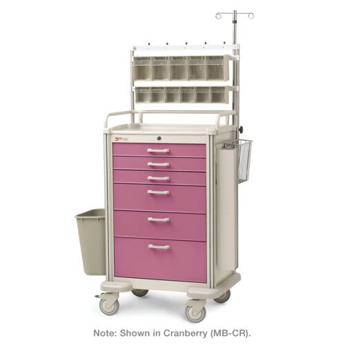 rtiop5ybt03vsls5gke1e1tr8nbqlr3j.jpg The Metro MBP3210ANES1 Basix Plus Anesthesia Cart is a sleek light purple cart with multiple drawers, an attached waste bin, an IV pole, top compartments for supply organization, and smooth-rolling wheels for efficient mobility.