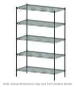 Introducing the Metro Super Adjustable Super Erecta 5A517K3: a five-shelf industrial wire shelving starter unit with Metroseal Green Epoxy coating, featuring black vertical supports. Each shelf in this minimal design measures 24 x 24 x 74. Note: Actual dimensions may vary.