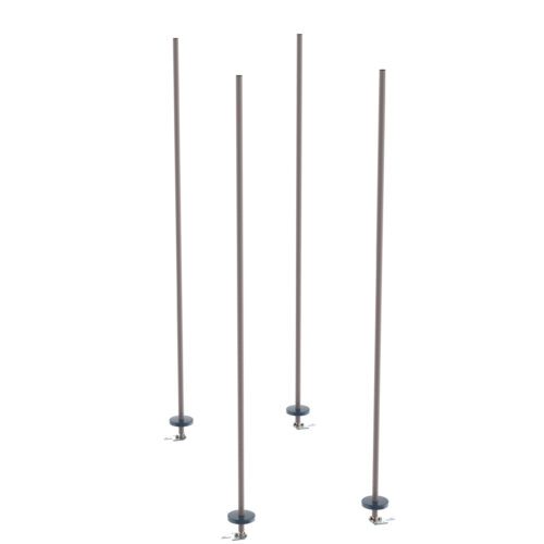 Four tall, slender poles with black bases on a white background, each with a fixture near the base, resemble the Metro BTAK4 qwikTRAK Stationary Intermediate Unit Kit for Super Erecta Wire Shelving in Metroseal Gray Epoxy.