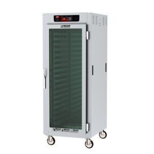 The Metro C589-SFC-LPFSA, a full-height insulated holding cabinet, has a clear door to display its metal racks. It features lip load aluminum slides, digital top controls, wheels for easy movement, and operates on 120V power.