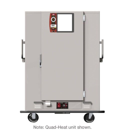 The Metro MBQ-144XA One-Door Banquet Cabinet features a mobile commercial warming solution, equipped with a control panel and side handles. Mostly gray with red controls, it operates on a 220V Standard Electric Thermal System, 50/60Hz, 1650W. Note: Quad-Heat unit shown.