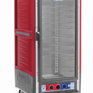The Metro C537-CFC-U C5 3 Series Cabinet features a full-length clear door, red design, universal wire slides, and bottom-front control dials. Its 3/4 height, efficiently holding or transporting hot/cold food items with 2000W power at 120V and 60Hz.