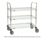 The Metro 3SPN55PS SP Series Utility Cart, with dimensions of 24 x 48 x 39, features three stainless steel wire shelves and a chrome finish, four large grey wheels for easy movement, and two sturdy metal handles at each end.