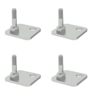 Introducing the Metro SAFP Threaded Seismic Foot Plate Kit, Pack of 4: these identical metal fasteners with threaded bolts and square bases each feature a circular hole, displayed evenly on a white background for secure installation.